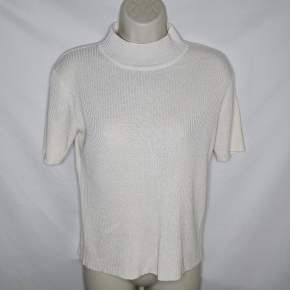 Womens Sag Harbor Petite Ivory Ribbed Mock Neck Short Sleeve Turtleneck Size PS - Picture 1 of 7